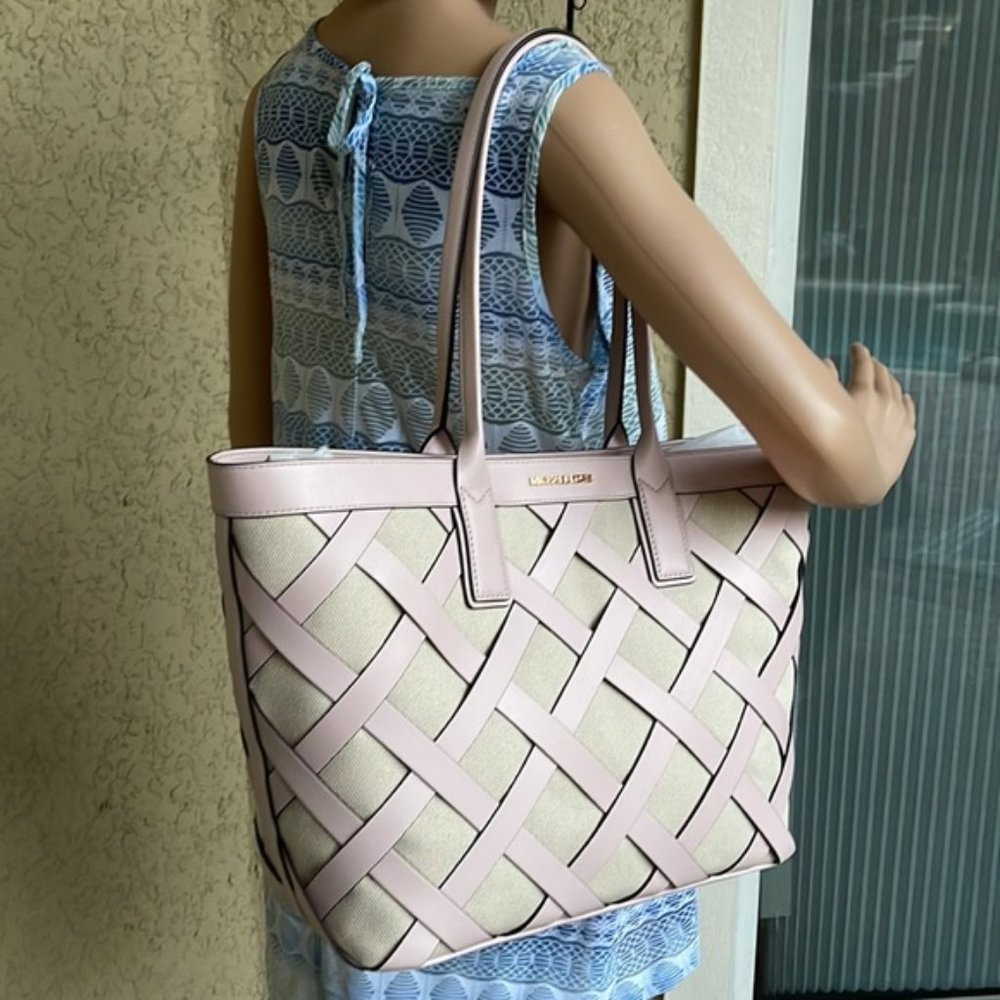 Michael Kors Sienna Large Tote Shoulder Bag Powder Blush Leather Canvas - Picture 14 of 16